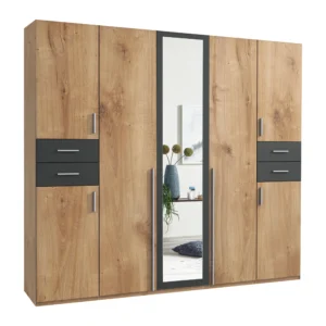 Tesoro planked oak And graphite 5 Door Wardrobe 225 CM Wide