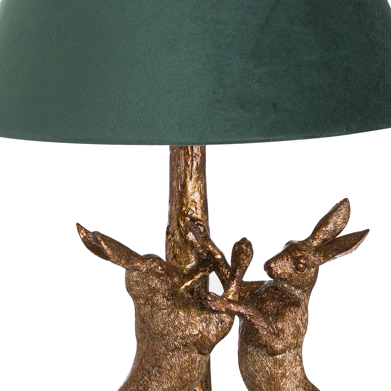 Regal Antique Gold Hare Lamp with Emerald Velvet Shade