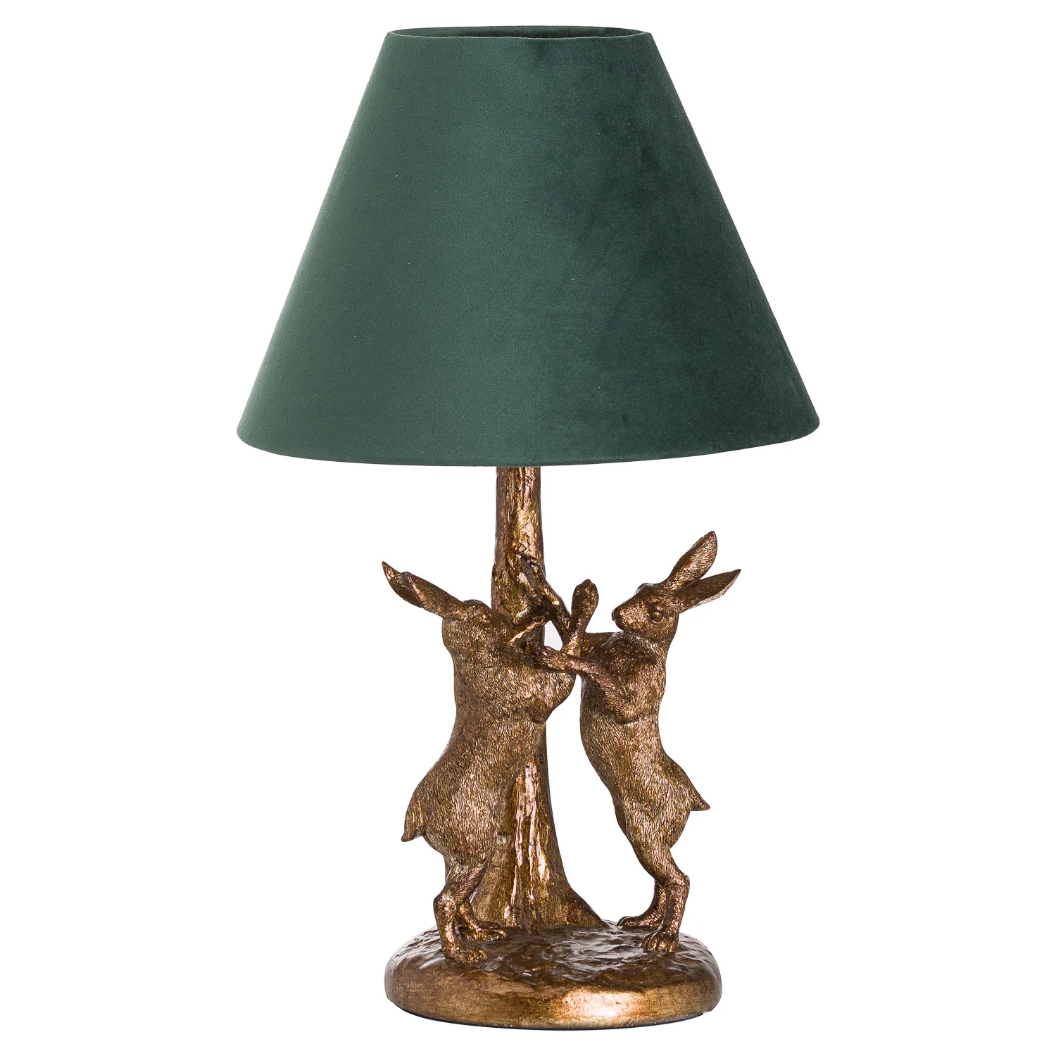Regal Antique Gold Hare Lamp with Emerald Velvet Shade