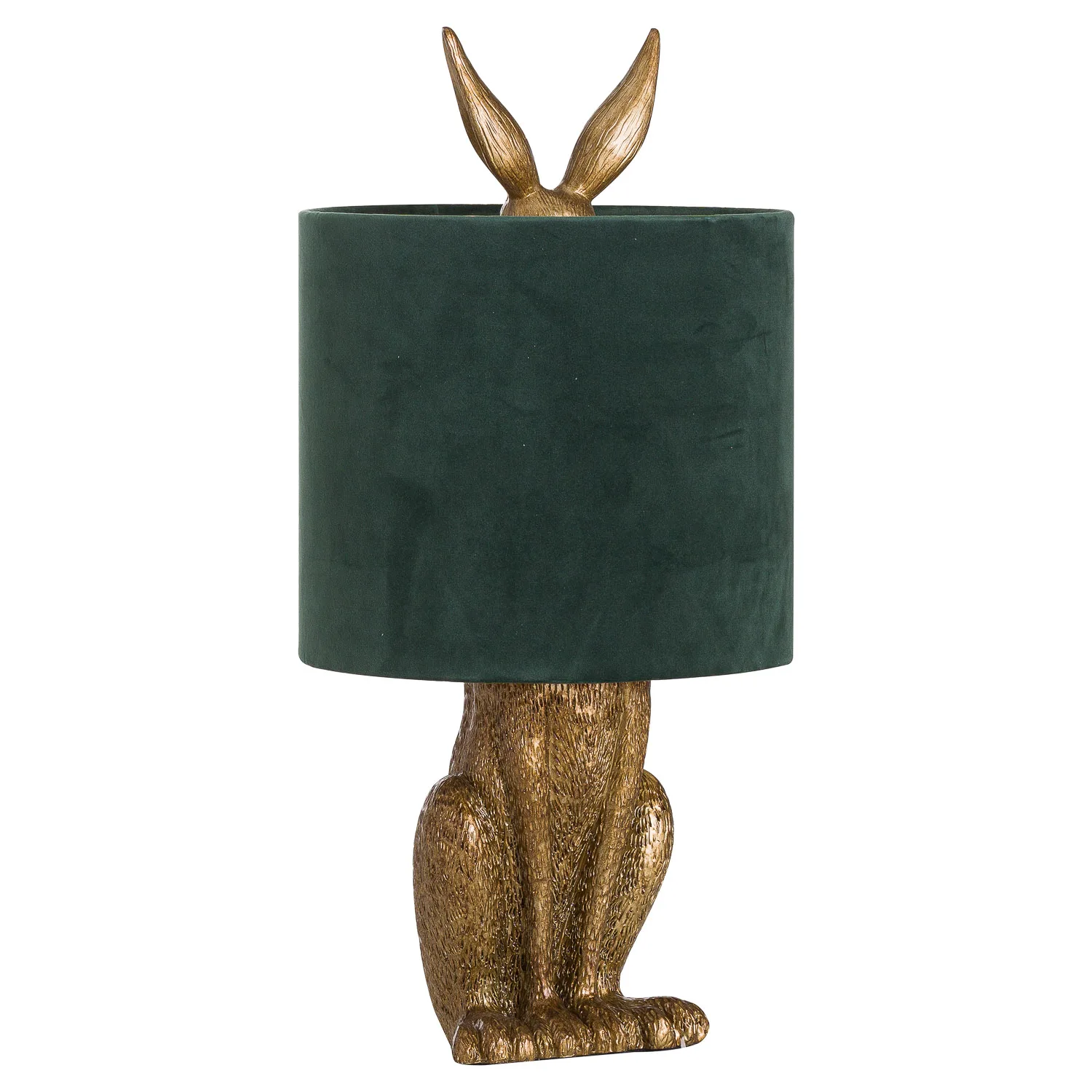Regal Antique Gold Hare Table Lamp with Emerald Velvet Shade