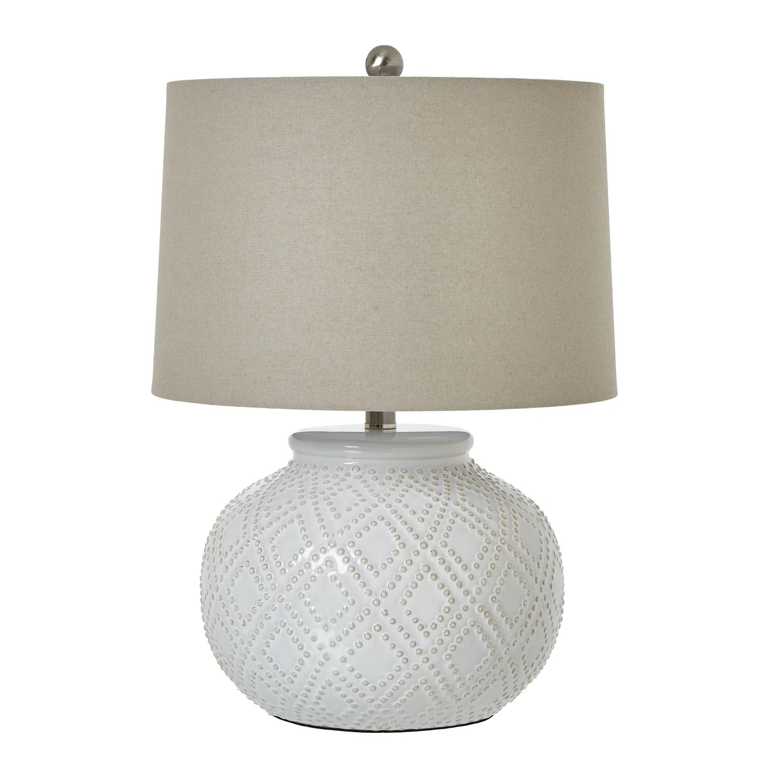 Opulent White Beaded Ceramic Table Lamp with Luxe Linen Shade