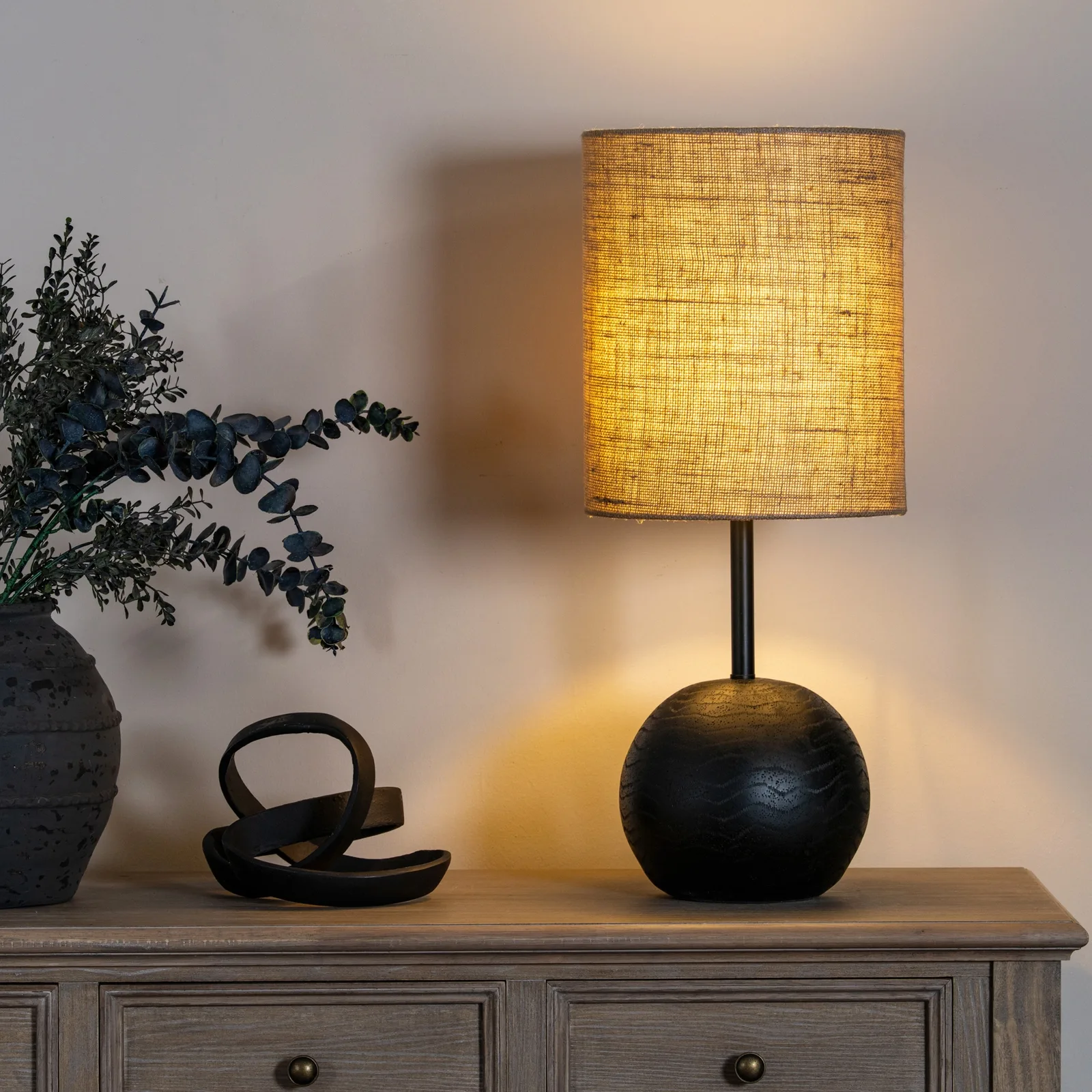 Ebony Cannon Table Lamp with Premium Hessian Shade