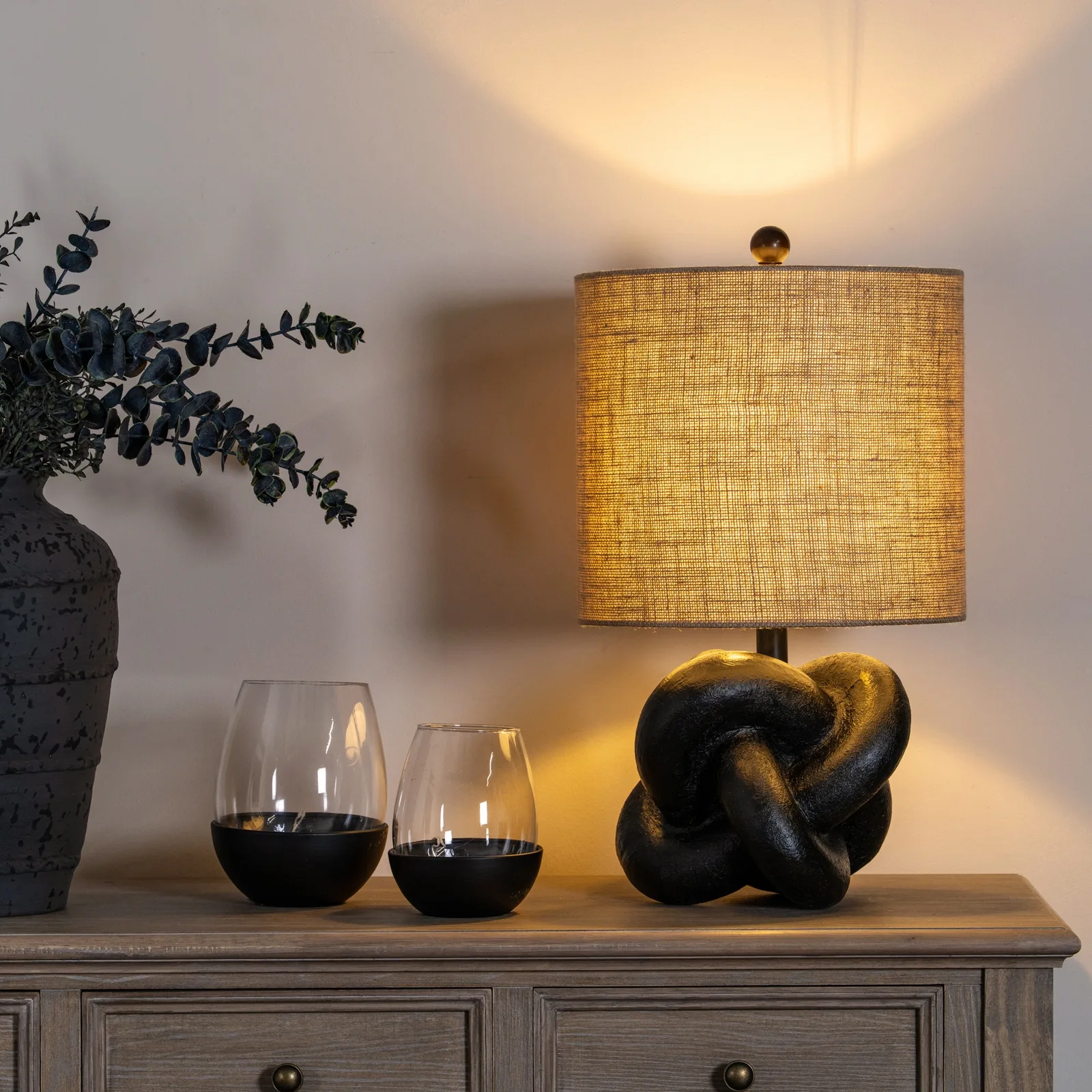Ebony Sculpted Knot Table Lamp with Natural Hessian Shade